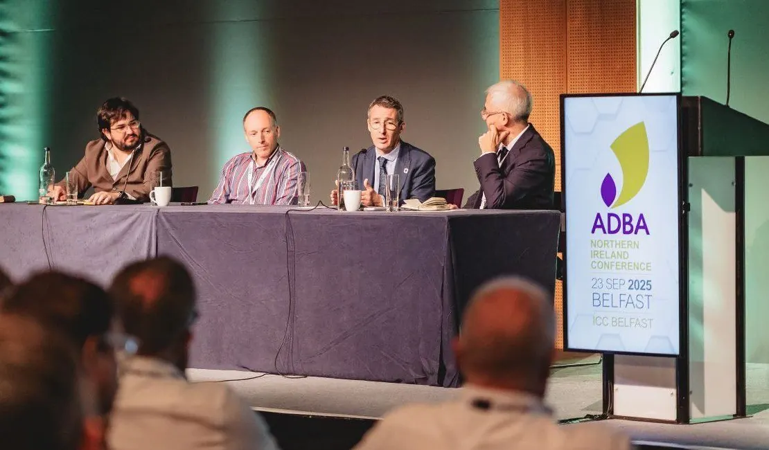 Chris Huhne chairing a panel with Andrew Muir at ADBA Northern Ireland event